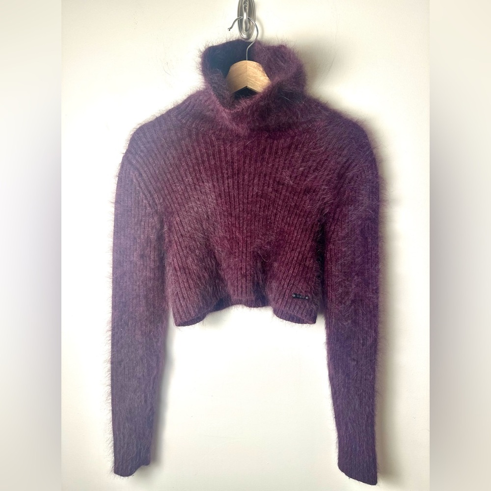 FALA Women’s  Cropped Mink Cashmere Angora Sweater Mock Neck Purple Size Medium